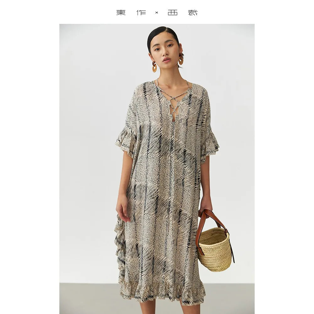 Animal Fiber Fabric~Women's Ruffled Mulberry Silk Dress with a Unique Design, Niche Style Long Silk Dress