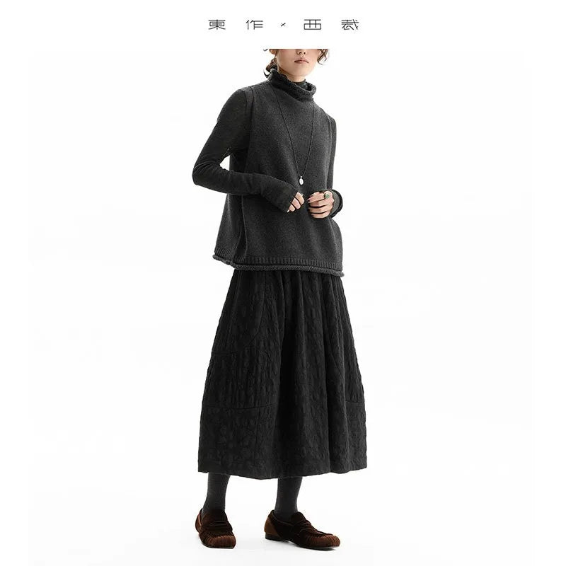 Versatile Umbrella Skirt~Autumn and Winter 100% Wool Jacquard Skirt for Women, Black Flower Bud Skirt