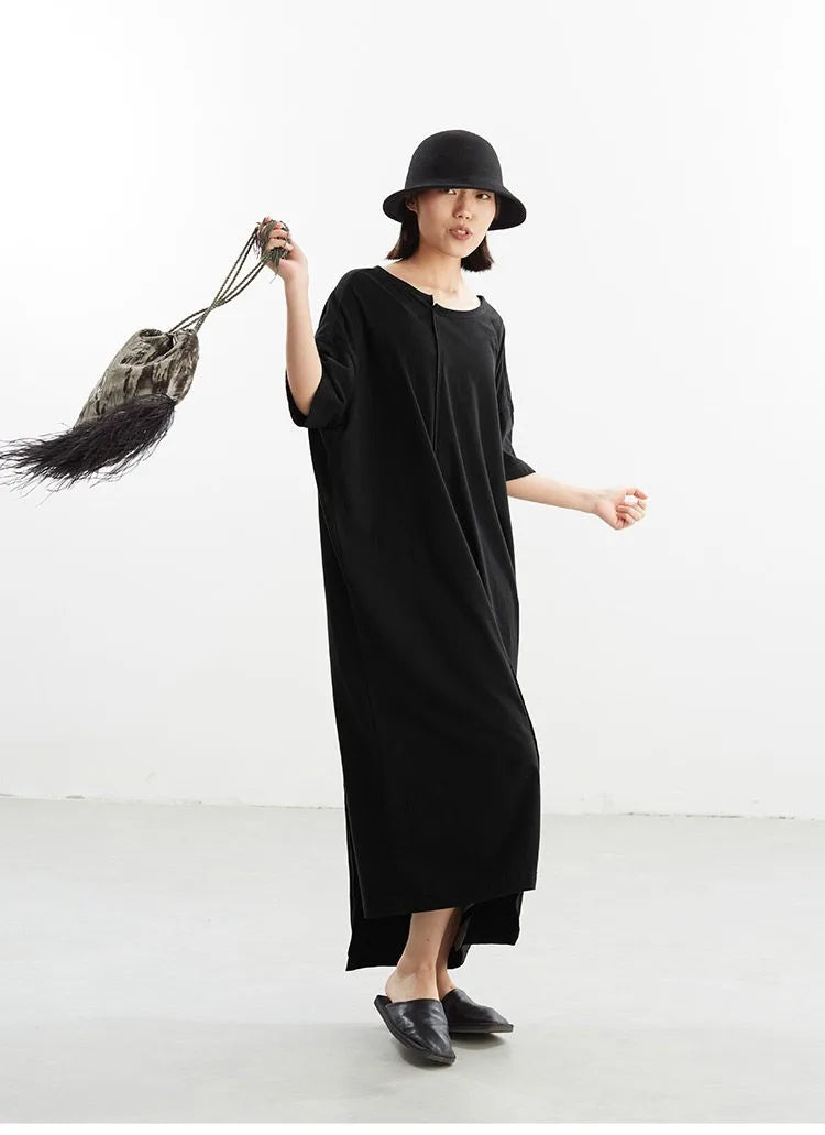 Black Dress~Irregular Long Dress, Pure Cotton T-Shirt Dress, Loose Fit, New Summer Style for Women