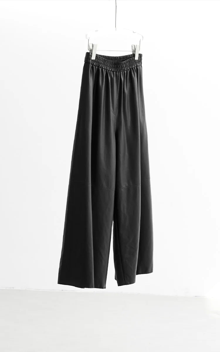 Effortlessly Cool Girl~ Mysterious Black Elastic Waist Loose Pu Leather Pants Classic Versatile Straight-Leg Pants Lazy Style Casual Pants 2025 Autumn/Winter New Style