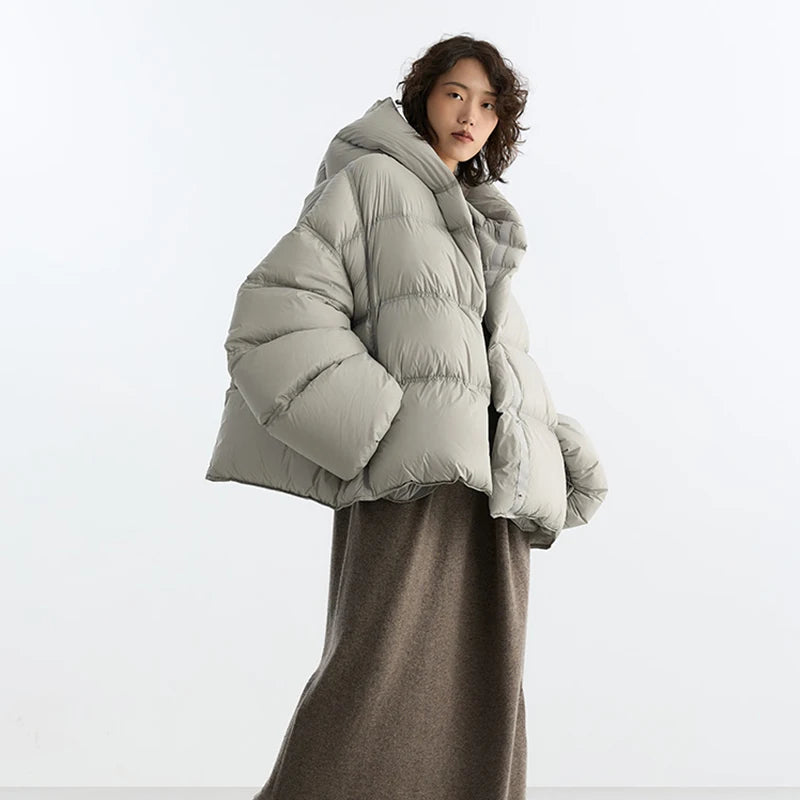 90 White Goose Down~Hooded down Jacket for Women, Short Coat, Oversized, Thickened, Warm Winter Wear