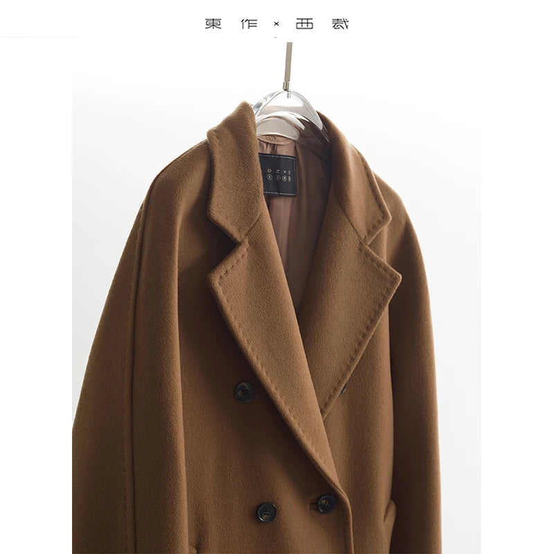 Classic Style~100% Wool Women's Single-Sided Woolen Coat, Loose Mid-Length Over-The-Knee Woolen Coat with Belt