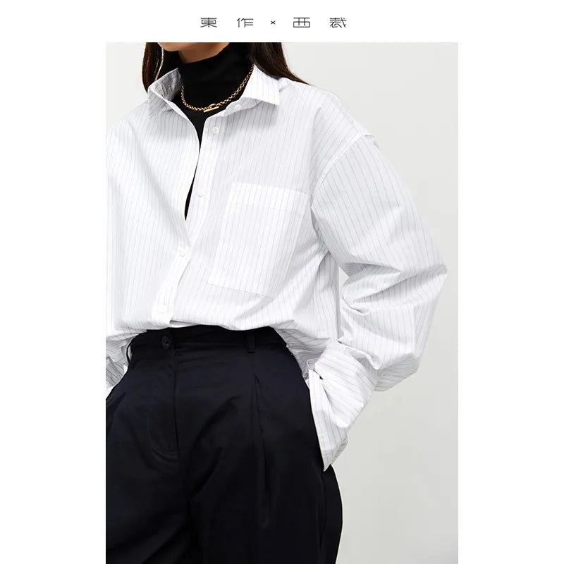 Boyfriend Style ~ Early Autumn Design Oversize Stripesd Shirt Women's Mid-Length Loose Top