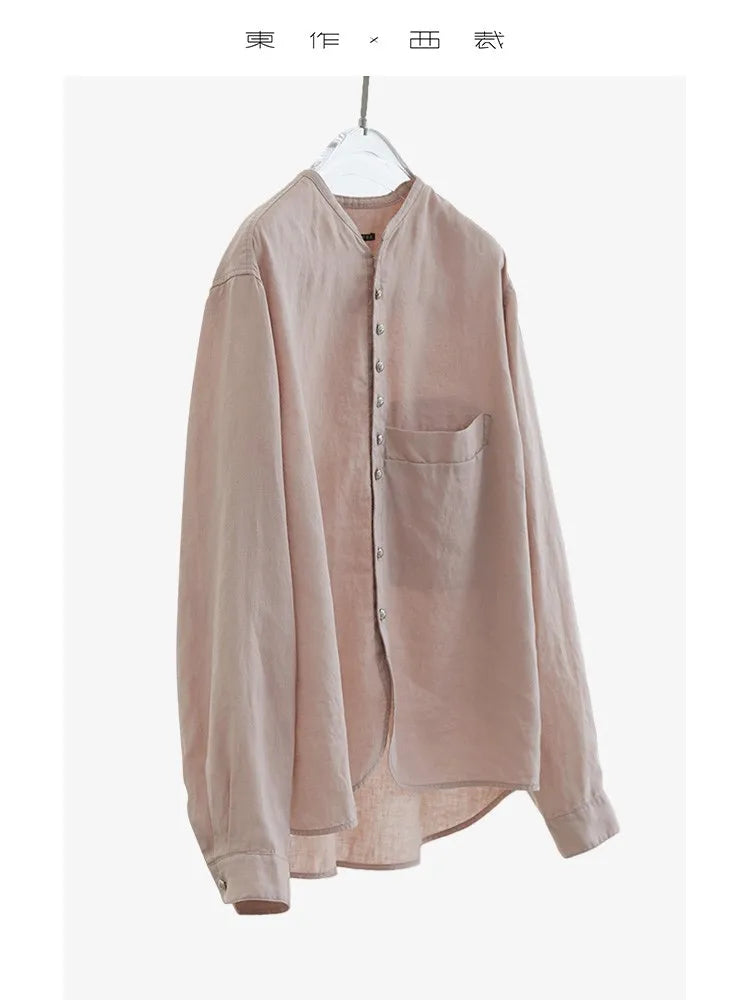 Unisex~ Summer Women's Herringbone Linen Shirt with Silver Hollow Buttons, Long-Sleeved Sun Protection Top