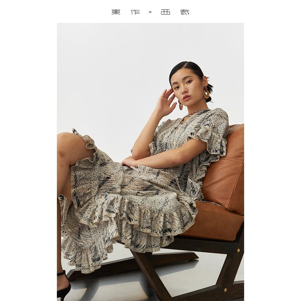 Animal Fiber Fabric~Women's Ruffled Mulberry Silk Dress with a Unique Design, Niche Style Long Silk Dress