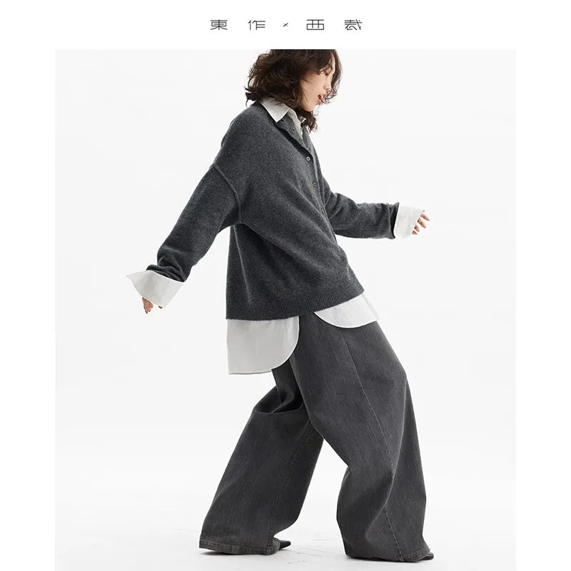 American Retro High-Waisted Washed Jeans, Casual Loose-Fitting Brushed Wide-Leg Pants, 2025 Autumn and Winter New Style for Women