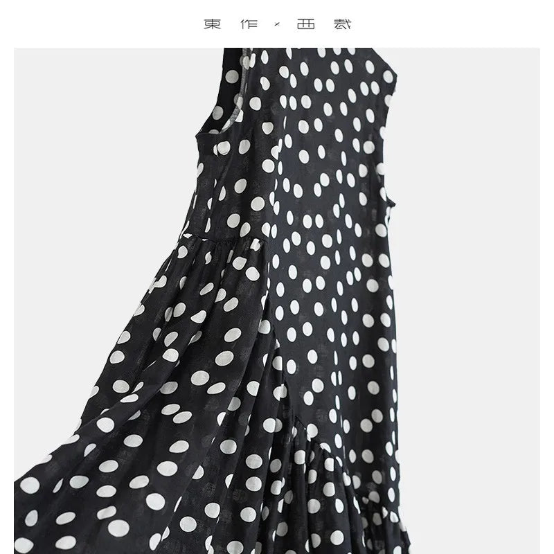 100% Linen Sleeveless Polka Dot Dress, Loose-Fitting and Slimming Long Dress