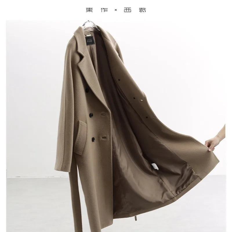 Classic Style~100% Wool Women's Single-Sided Woolen Coat, Loose Mid-Length Over-The-Knee Woolen Coat with Belt