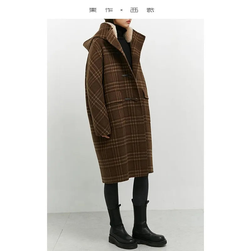 Horn-Button Coat~100% Wool Double-Sided Woolen Fabric with Contrasting Plaid, Fur Collar, Cocoon-Shaped Hooded Woolen Coat, Mid-Length for Women