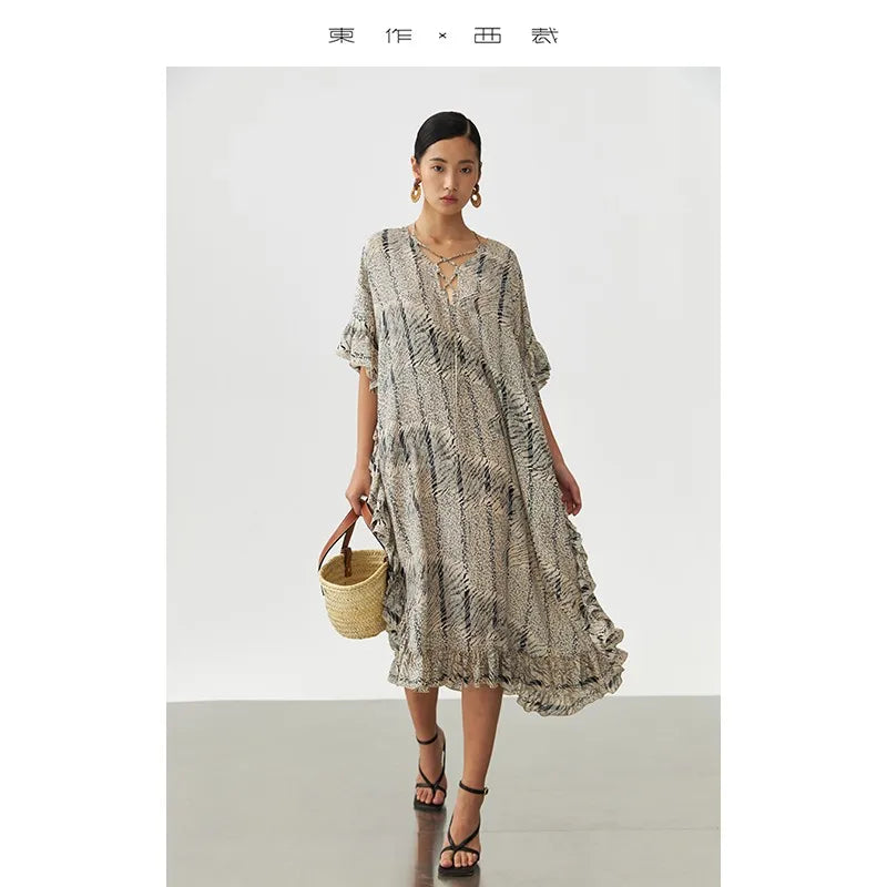 Animal Fiber Fabric~Women's Ruffled Mulberry Silk Dress with a Unique Design, Niche Style Long Silk Dress