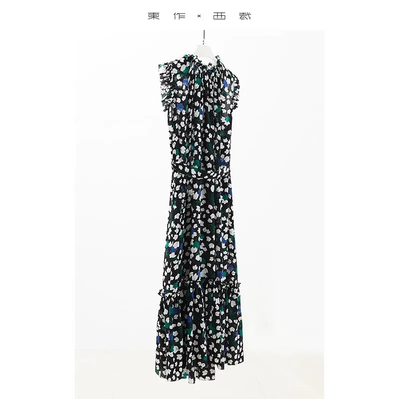 100% Mulberry Silk Women's Sleeveless Bohemian Style Dress with Small Floral Design and Long Skirt