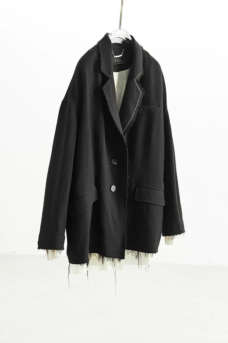 Custom Fabric Designer Style~Women's Casual Loose-Fitting Mysterious Black Blazer with Faux Two-Piece Fringed Silhouette Jacket, New for Autumn/Winter 2025