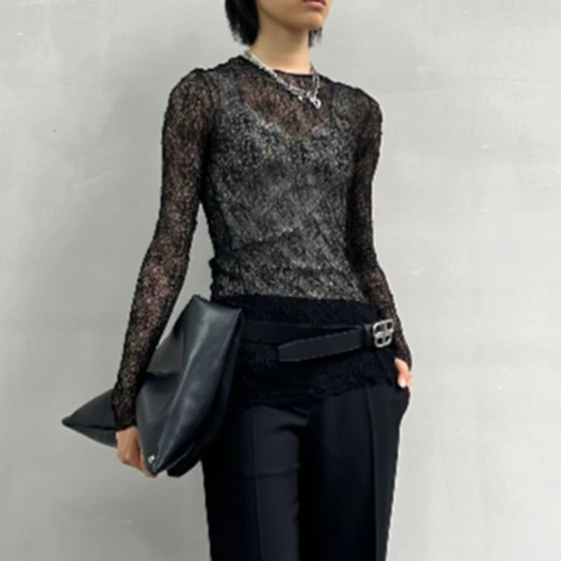 Designer Style ~ Women's Black Hollow-Out Blouse with Lace, Sexy Slim-Fitting Top for Outerwear, Summer 2025
