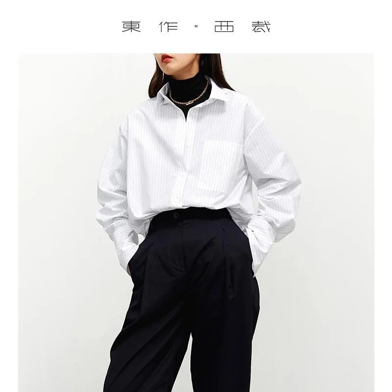 Boyfriend Style ~ Early Autumn Design Oversize Stripesd Shirt Women's Mid-Length Loose Top