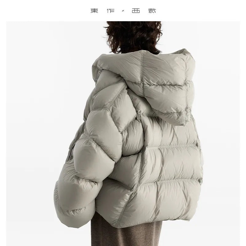 90 White Goose Down~Hooded down Jacket for Women, Short Coat, Oversized, Thickened, Warm Winter Wear
