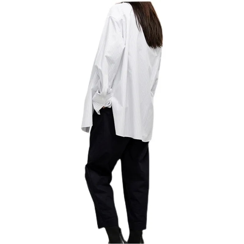 Boyfriend Style ~ Early Autumn Design Oversize Stripesd Shirt Women's Mid-Length Loose Top