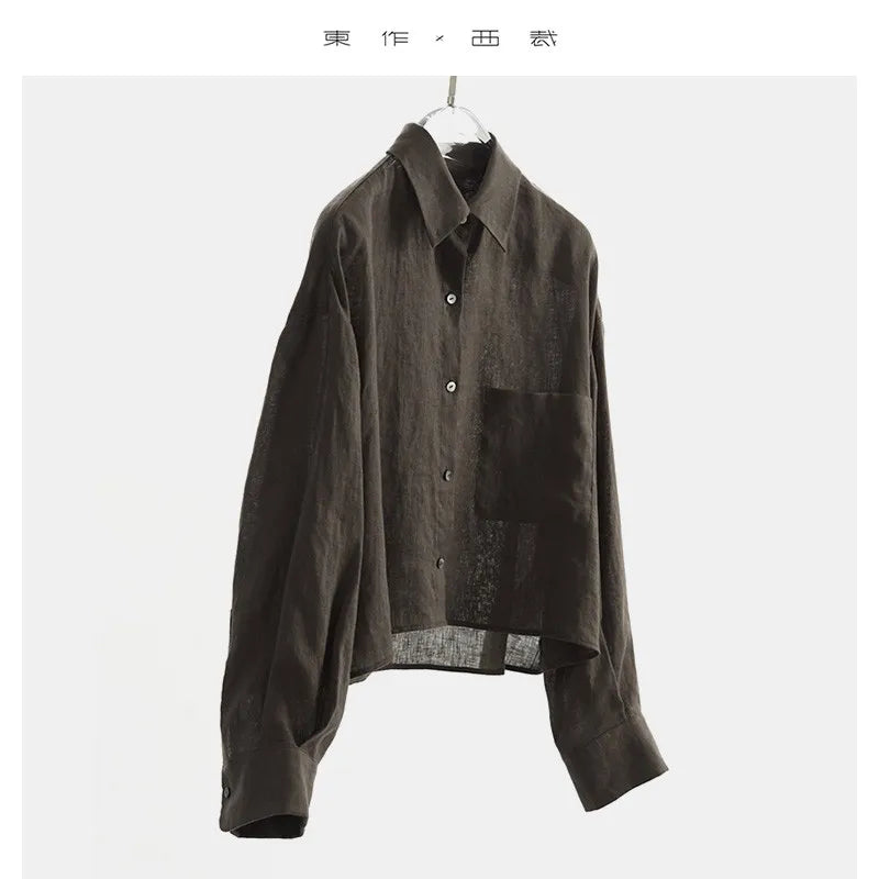 2025 Women's Summer 100% Linen Shirt Long-Sleeved Sun Protection Design Short Top