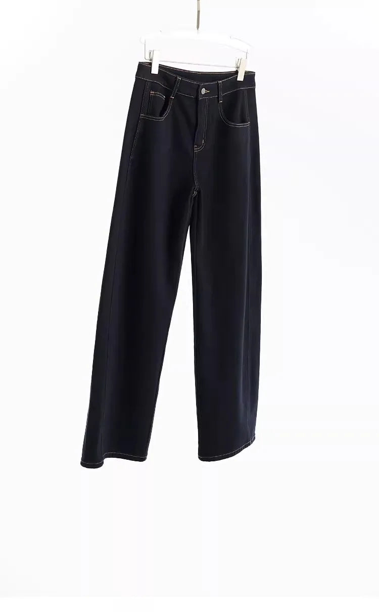 Black Technology for Warmth~ Faux Cashmere Lining for Warmth, Dark Blue Brushed Mid-Waist Jeans with Visible Stitching, Versatile Slim-Fit Long Pants