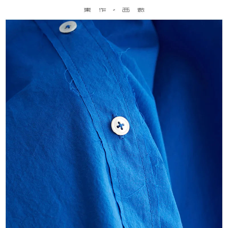 Peacock Blue Color Is Very Age-Reducing~100% Cotton Women's Loose Casual Shirt Long-Sleeved Double-Layer Collar Fringed Top 2025 Autumn and Winter New Style